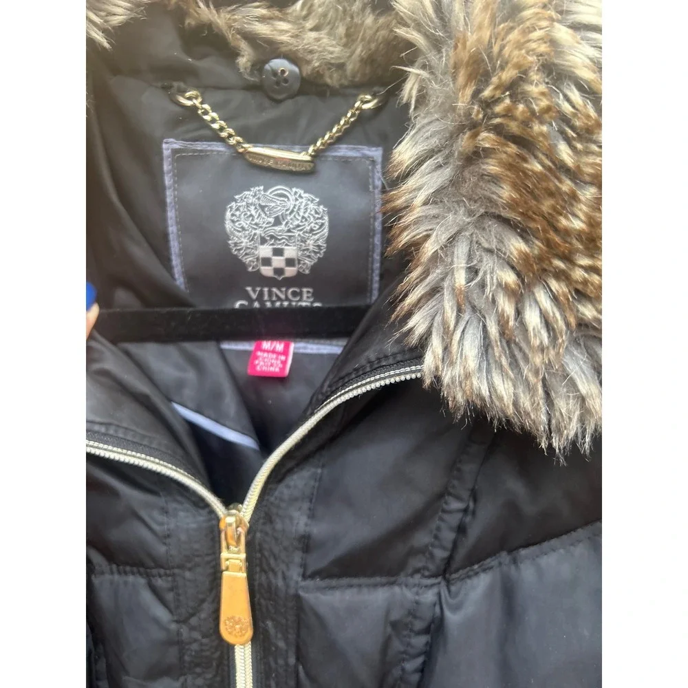 Vince Camuto Women's Black Belted Faux Fur Hooded Down Puffer‎ Coat Size M